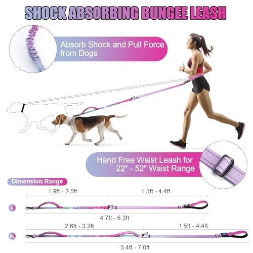 Heavy Duty Hands Free Dog Leash, 5-7 FT Reflective Adjustable Waist Dog Leash Belt with Padded Handles, Shock Absorbing Bungee and Car Seat Belt for Large Medium Dogs (Gradient Pink, XL) - color: Gradient Pink