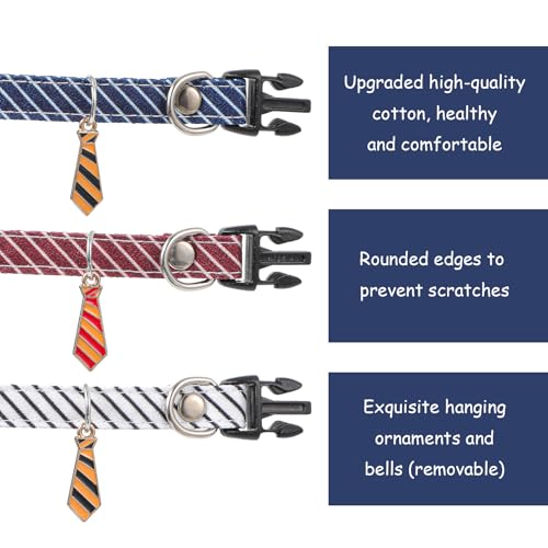 3 Pcs Kitten Collar, Stripes Cat Collars Breakaway Kitten Collar Adjustable 7.8-11.8 in Cat Collars Sets Quick Release with Small Neckties for Girl Boy Cats Classic Cotton Stripe