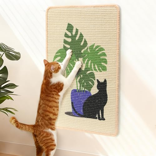 FUKUMARU Sisal Cat Scratching Mat, 23.6 x 15.7 Inch Natural Sisal Cat Scratch Pad Mats for Indoor Cats, Horizontal Cats Wall Scratcher Kitten Floor Rug with Sticky Tapes, Furniture Protector(Monstera) - color: Monstera