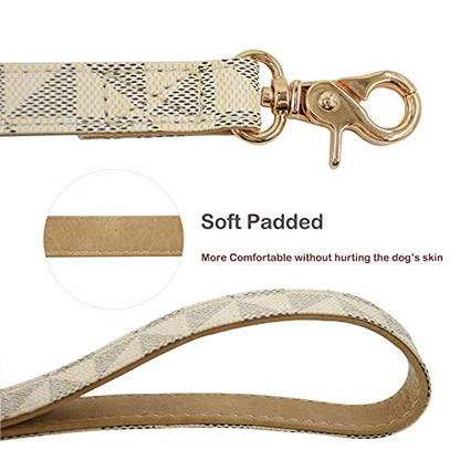 Leather Dog Collar and Leash Set, Check Pattern Dog Collar Leashes Metal Buckle Adjustable Durable for Small Medium Large Dogs (White, L(14.5-18.5IN)) - color: White, size: L(14.5-18.5IN)