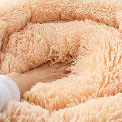 Plush Dog Bed Pet Calming Fur Bed, Fluffy Donut Round Cat Beds, Anti-Slip & Anti-Anxiety, 16 Inch for Puppy and Kitties, Gold, XS - color: Gold, size: XS - 16 inch