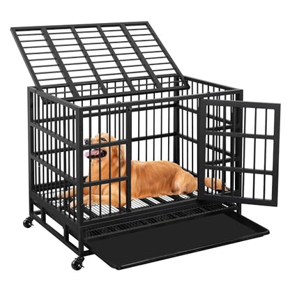 JY QAQA 38 Inch Heavy Duty Indestructible Dog Crate, Escape Proof Dog Cage Kennel with Lockable Wheels,High Anxiety Double Door Dog Crate, Xl Extra Large Crate Indoor for Large Dog with Removable Tray - size: 37.8"x 25.5"x 30.7"(L)