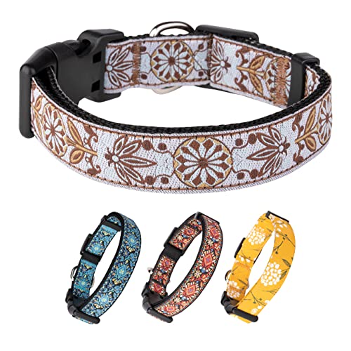 Dog Collars for Small Medium & Large Dogs - Female and Male Patterns on Long Lasting, Adjustable, Strong and Durable Puppy Quick Release Buckle White Woven Collar - color: White Woven, size: Medium