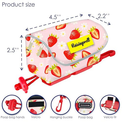 Dog Treat and Poop Bag Holder for Leash, 2 Waterproof Zipper Pouches for Pet Walking Accessories, with Dispenser, Training Clicker and 1 Free Roll (Strawberry) - color: Strawberry
