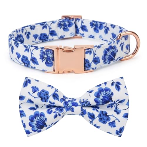 French Blue Floral Dog Bow Tie Dog Collar Accessory, Detachable Bowtie, Adjustable Collar for Small Medium Large Dogs - color: French Blue Floral, size: M (12 --20")