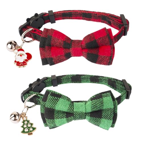 ADOGGYGO Christmas Cat Collars Breakaway with Cute Bow Bell - 2 Pack Red Green Plaid Kitten Collar with Removable Bowtie Christmas Collar for Cats Kittens - color: Red&Green-1