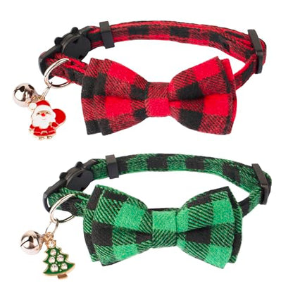 ADOGGYGO Christmas Cat Collars Breakaway with Cute Bow Bell - 2 Pack Red Green Plaid Kitten Collar with Removable Bowtie Christmas Collar for Cats Kittens - color: Red&Green-1