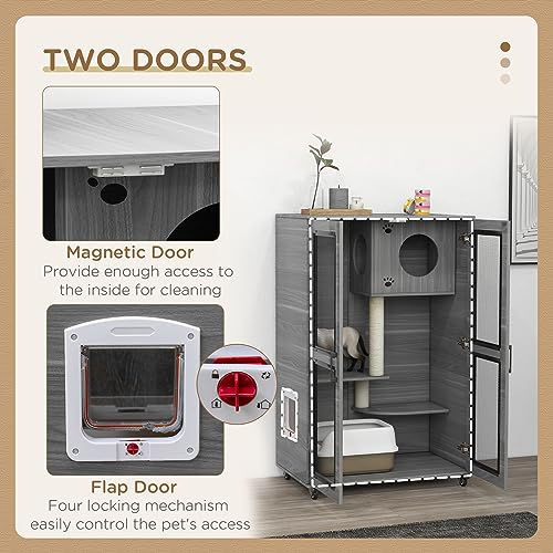 PawHut Luxury Cat House with Wheels, Kitty Cage Catio Villa for Indoor Cats with Scratching Posts, Condo, Flap Door, Cushion, Gray, 31.5" x 20" x 48.5"