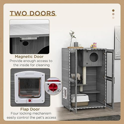 PawHut Luxury Cat House with Wheels, Kitty Cage Catio Villa for Indoor Cats with Scratching Posts, Condo, Flap Door, Cushion, Gray, 31.5" x 20" x 48.5"