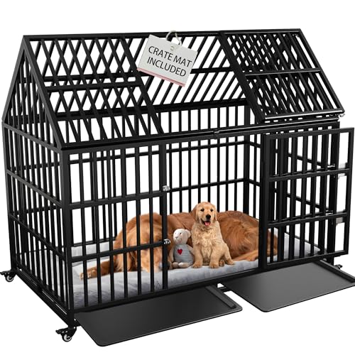 Heavy Duty Dog Crate 54 inch Dog Pet Kennel Cage for Extra Large Giant Dog with 2 Doors Lockable Wheels Removable Trays Top Access All Metal Durable