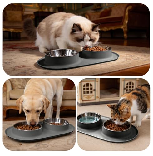 Double Cat Food Bowls with Silicone Base, Stainless Steel Dishes, Non-Slip Feeding & Water Station, Easy-Clean Pet Bowls for Cats, 1.75-Cup Capacity Each, Grey