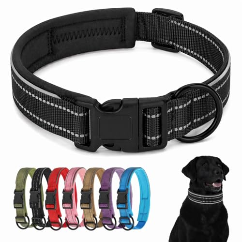 Large Reflective Dog Collar with Quick Release Plastic Buckle Padded Nylon Waterproof Adjustable Comfortable for Boy German Shepherd Extra Large Dogs - color: Black, size: XL：Width 1.18" Length 17.7-20.5"