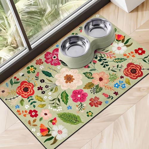 Absorbent Quick Dry Pet Food Mat for Dogs and Cats - Eco-Friendly Bowl Mat for Food and Water Dispenser - 12"x20" Floor Accessory - color: Floral Green, size: S(12"×20")