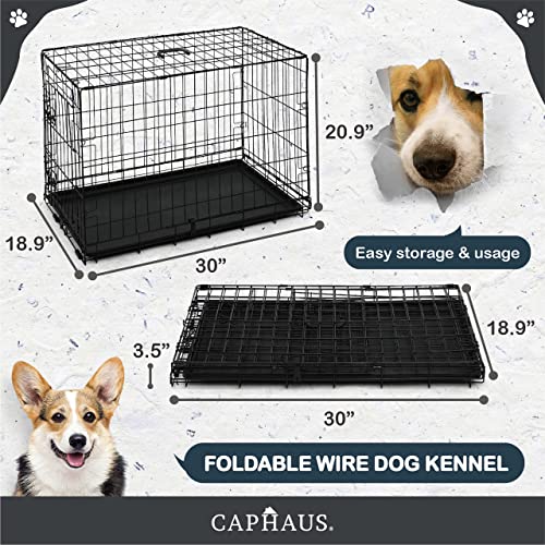 CAPHAUS Foldable Dog Crate Wire Metal Dog Kennel w/Divider Panel, Leak-Proof Pan & Protecting Feet, Single & Double Door, Small, Medium & Large Dog Crate Indoor Wire Dog Cage, 30” w/Classic Lock - size: 30.0"L x 18.9"W x 20.9"H