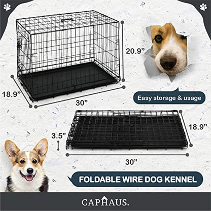 CAPHAUS Foldable Dog Crate Wire Metal Dog Kennel w/Divider Panel, Leak-Proof Pan & Protecting Feet, Single & Double Door, Small, Medium & Large Dog Crate Indoor Wire Dog Cage, 30” w/Classic Lock - size: 30.0"L x 18.9"W x 20.9"H