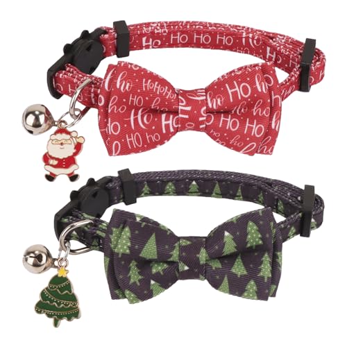 PTDECOR Christmas Cat Collars with Bow Tie Bell, 2 Pack Breakaway Kitten Collar with Removable Bowtie Christmas Tree Hoho Collar for Cats Kittens - color: Christmas-2
