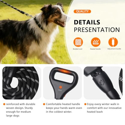 Rrechargeable Heated Dog Leash, Highly Reflective Threads Leash Rope with Rechargeable Hand Warmer for Medium Large Dogs, 1/2 inch - M - size: M