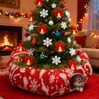 Cat Tunnel Christmas Tree Skirt for Indoor Cats with Bed,Christmas Cat Tunnel Peekaboo Cave Play Christmas Tree Cat Tunnels,Cute Cat Donut Toys Tunnel Skirt Hideout Under Tree (Red 2) - color: Red 2