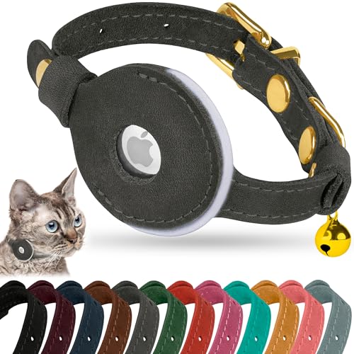 OOPSDOGGY Reflective Leather AirTag Cat Collar with Bell - Non Breakaway Adjustable Pet Collar with Apple Air Tag Holder - Lightweight GPS Kitten Collars for Small Dogs Puppy (Graphite) - color: Graphite