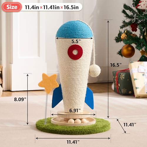 Cat Scratching Post, Rocket Cute Sisal Cat Scratcher with Durable Solid Wood Turntable Toy, Cat Scratch Post Red Cat Scratcher with Spinning Star Toy for Indoor Adult Cats - color: Blue Rocket