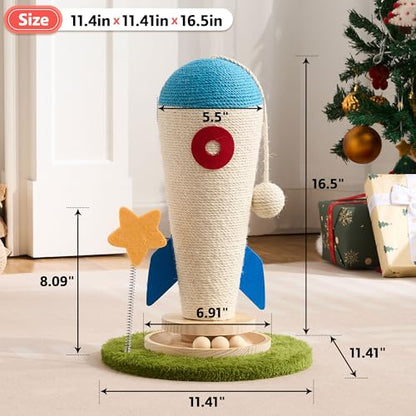 Cat Scratching Post, Rocket Cute Sisal Cat Scratcher with Durable Solid Wood Turntable Toy, Cat Scratch Post Red Cat Scratcher with Spinning Star Toy for Indoor Adult Cats - color: Blue Rocket