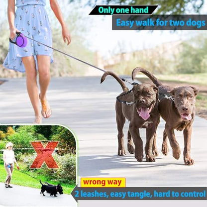 Double Retractable Dog Leash for Two Dogs Up to 110 lbs - 16 ft Coupler Leashes for Small Medium Dogs - One Locked System, Non Slip Grip, Tangle Free (Purple) - color: Purple