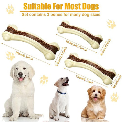 Sosation 3 Pack Chew Toys for Aggressive Chewers, Bone Toys Nylon Beef Flavor Dog Teething Toys for Large/Medium/Small Puppies Breeds(Small, Large, Medium, Curved Bone) - size: Small, Large, Medium, style: Curved Bone
