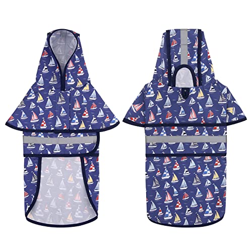 HDE Dog Raincoat Jacket Reflective Adjustable Hooded Pet Poncho Rain Coat with Leash Hole for Small to X-Large Dogs Nautical Boats - S - color: Nautical Boats, size: Small