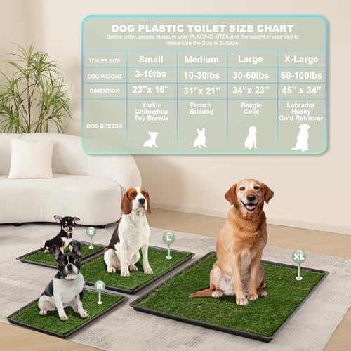 HQ4us Dog Grass Pad with Tray Large 34”×23” Dog Litter Box Toilet with 2×Artificial Grass for Dogs with Hemmed Edge, Pee Pads for Dogs, Realistic, Less Stink, Potty for Balcony - size: L 34”×23” for Dog＜ 28" Length