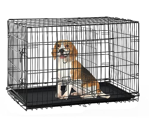 30 Inch Medium Dog Crate, Heavy Duty Dog Crates for Medium Dogs, Metal Wire Folding Dog Cage with Removable Trays, Locks, Double-Door, Divider Panel, Handle, Puppy Crate Pet Crate (30 in, Black) - color: Black, size: 30.0"L x 19.0"W x 21.0"H