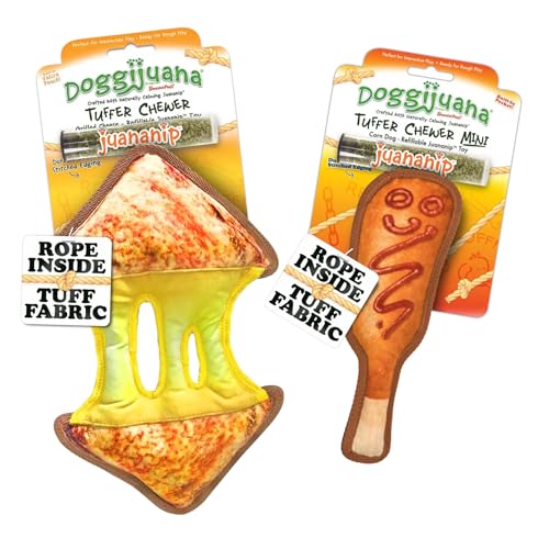 Doggijuana Cafe Combo Refillable Juananip Toy Bundle | Grilled Cheese & Corn Dog | Funny Dog Toy Plush with Catnip and Refill | Interactive Chew for Play - style: Grilled Cheese & Corn Dog