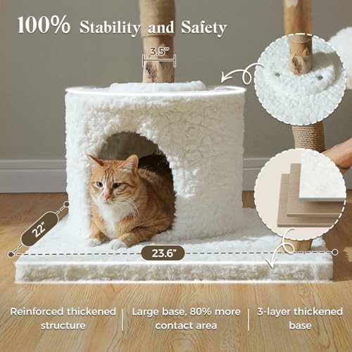 MUTTROS 59" Modern Cat Tree Tower for Large Cats w/2 Flower Perches-Natural Solid Wood Scratching Post with Real Branch-Luxury Boho Cat Furniture w/Condo & Wicker Basket Bed, Cloud White - color: Cloud White, size: 59" Solid Wood Cat Tree
