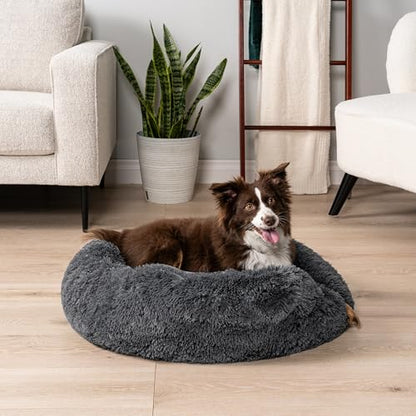 PetAmi Calming Dog Bed for Small & Medium Dogs and Cats, 30 Round Donut Dog Bed, Washable Fluffy Faux Fur Puppy & Cat Bed, Anti-Anxiety Plush Cuddler Pet Bed with Anti-Slip Bottom - Dark Gray - color: Gray, size: Medium - 30"
