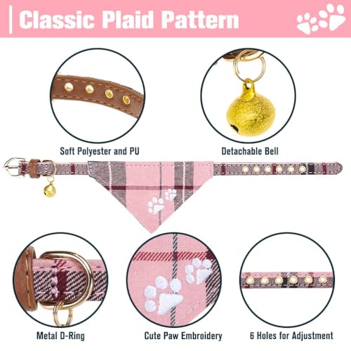 EXPAWLORER Puppy Collar and Leash Set - Plaid Dog Collar and Leash with Bow Tie and Bandana, Bell, XS Pink - color: Pink, size: X-Small