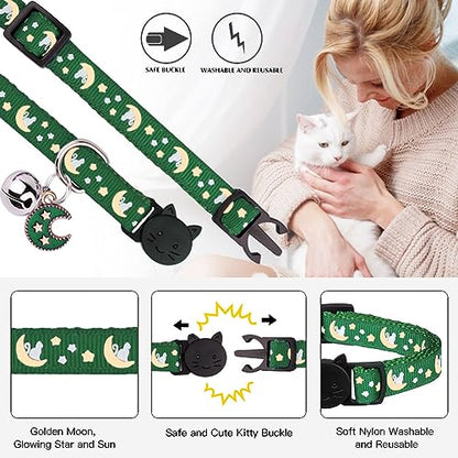Baeuppit 2Pcs Breakaway Cats Collars Cat Collars for Boy & Girl Cats Adjustable Kitten Collars with Bell,Black+Emerald,8"-13.1" - color: Black+Emerald, size: 8.0-13.1"