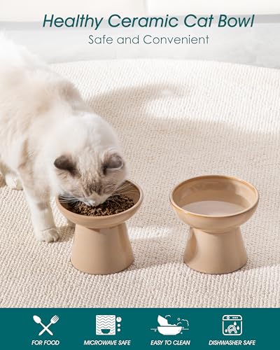 vancasso Ceramic Elevated Cat Bowls 2-Pack - 6.2" Extra Wide Raised Cat Food & Water Dishes, 5.1" Optimal Height Anti-Whisker Fatigue Shallow Bowls for Cats/Kittens/Dogs, Lead & Cadmium Free (Brown) - color: Brown