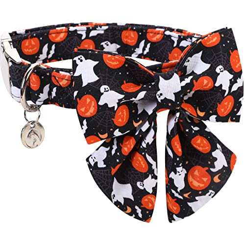 Halloween Ghost Black Dog Collar with Sailor Bow Tie Adjustable Pet Collars, Soft Comfy Halloween Themed Pet Collar, Fall Dog Collar for Small Medium Large Dogs - color: ghost collar sailor bow, size: XS