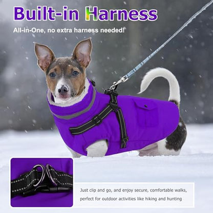 Dog Coat with Harness, Waterproof Warm Dog Winter Jacket with Pockets, Reflective Pet Fleece Jacket Turtleneck Snowsuit for Small Medium Large Dogs - Purple, L - color: Purple, size: Large(Chest:24.8" Back:16.9" Neck:17.7")