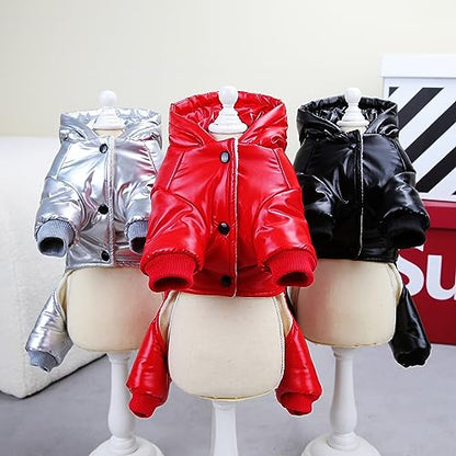 Izefia Dog Coat Windproof Jacket Cold Weather Coats 4 Legs Warm Jumpsuit Winter Thick Clothes Snow Proof Cotton Coat for Small Dog Medium Cat Black XL - color: Black, size: X-Large (Back length: 12.6 inches)