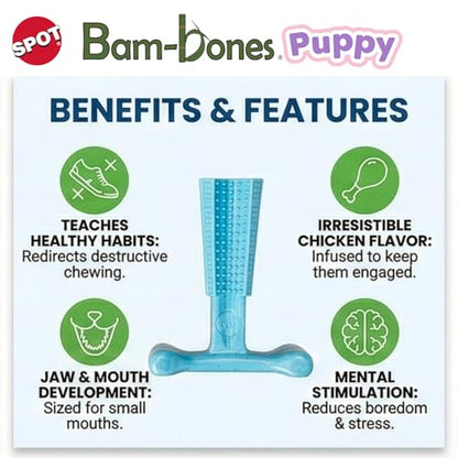 SPOT Bam-Bones Puppy T-Bone Dog Chew Toy, Chicken Flavor, 6 Inch, Bamboo Fiber & Flexible Rubber, Easy Grip Design for Gentle Chewers, Small Dogs & Puppies
