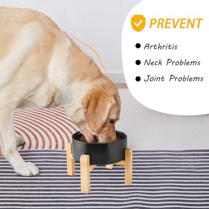 8'' Ceramic Raised Dog Bowl - 70Oz Dog Food & Water Bowl with Elevated Non-Slip Bamboo Stand, Dishwasher & Microwave Safe, Anti Vomiting Heavy Duty Pet Bowl for Medium and Large Dogs, Black - color: 1 x Bowl + Stand - Black, size: 8 inch