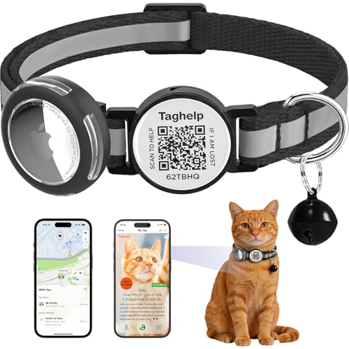 Waterproof Airtag Holder Cat Collar .Lightweight Kitten Collar for Apple Air tag. Solid &Safe,Reflective Pet Collar, Breakaway Smart ID tag, Scan QR Code for Instant Location Alerts (Black A) - color: Reflective tape - Black