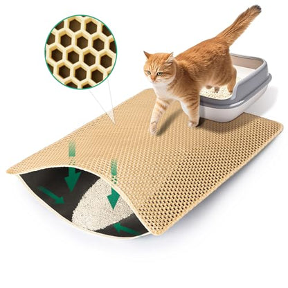 GRELY Cat Litter Mat,25"x16" Litter Box Mat,2 Layer Litter Trapping Mat for Indoor Cats,Litter Catcher Mats. Non-Slip Waterproof Urine Proof, Collapsable - color: Khaki S 25"x16"