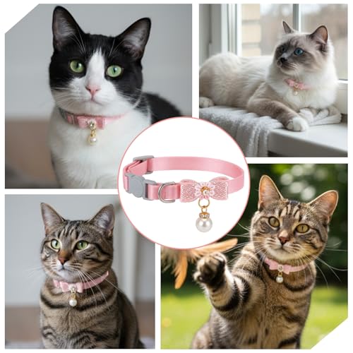 Cat Collar Breakaway, Adjustable Pink Cat Collar with Pearl Pendant, Cute Cat Collars with Safety Buckle Pink Bowtie Kitten Collars for Girl Cats