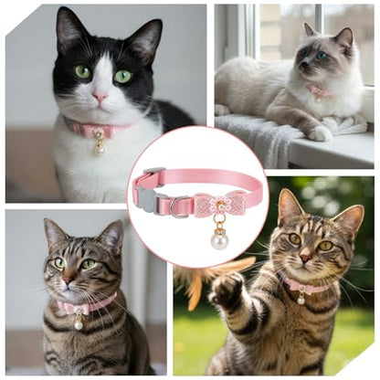 Cat Collar Breakaway, Adjustable Pink Cat Collar with Pearl Pendant, Cute Cat Collars with Safety Buckle Pink Bowtie Kitten Collars for Girl Cats