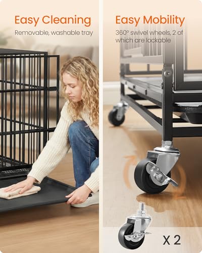 Feandrea Heavy-Duty Dog Crate, 5-Minute Quick Assembly, Foldable Dog Kennel Cage with Lockable Wheels, Double Doors, Escape Proof Fixed Bottom, Removable Tray, Easy to Clean, Ink Black, 37 Inch - size: 37.0"L x 24.0"W x 28.0"H