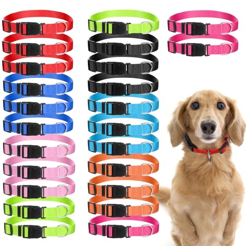 24 Pcs Dog Collars Bulk Adjustable Soft Breathable Premium Nylon Collar Reflective Dog Collar with Buckle for Medium Large Breeds for PET Travel Walk Daily (L, 8 Colors)