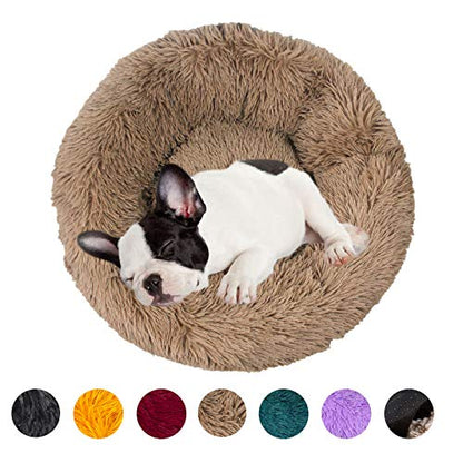 Plush Dog Bed Pet Calming Fur Bed, Fluffy Donut Round Cat Beds, Anti-Slip & Anti-Anxiety, 16 Inch for Puppy and Kitties, Khaki, XS - color: Khaki, size: XS - 16 inch