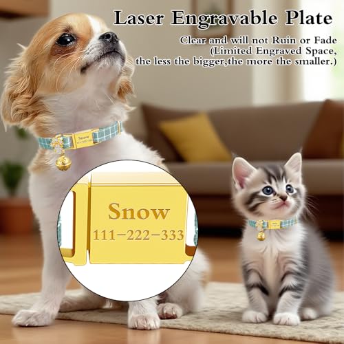 Personalized Breakaway Cat Collars - Magnetic Buckle, Bell - Safety Quick Release, Customized for Girls & Boys Cats- (Checkered-Cyan) - color: Checkered-Cyan