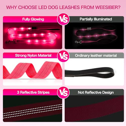 Weesiber Light Up Dog Leash, 4ft LED Dog Leash Rechargeable Puppy Lead Waterproof Safety Glow in The Dark Pet Lights for Night Walking (Pink) - color: Pink